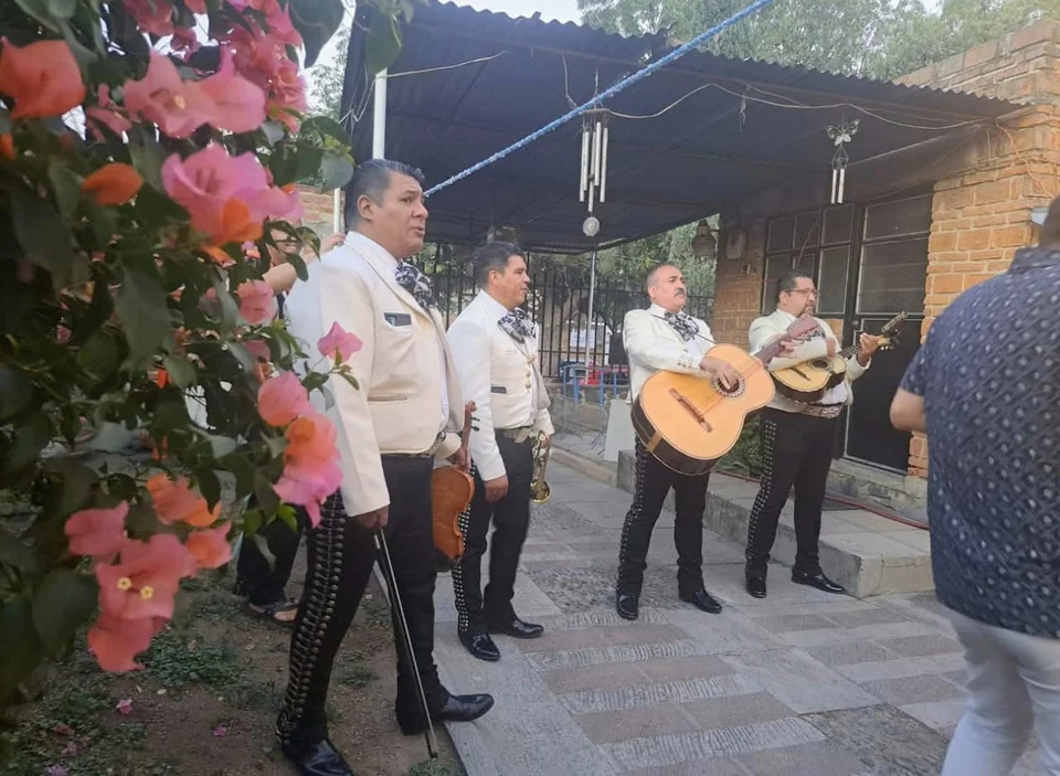 El grupo con traje blanco tocando en un jardín con flores